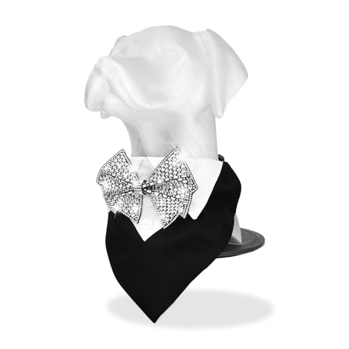 Dog Bandana Collar for Leashes Rhinestone Bow Tie Formal Tuxedo Pet Scarf Adjustable Neckwear with D Ring and Quick Release Buckle for Medium Dogs Wedding Holiday Party (Medium) - size: Medium