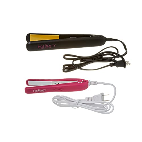 Hot Beauty Ceramic High Heat Level Flat Irons 2-in-1 Value Pack 1" and Mini 1/2" with Free Travel Pouch