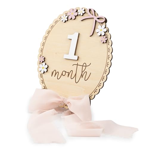 Baby Monthly Milestone Wooden Sign with Numbers, Natural Wood Milestone Board for Newborn Monthly Growth Photos, Cute 3D Flowers Photo Prop for Baby Milestone Memories (Pink Ribbon)