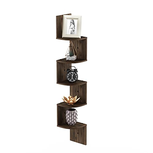 Furinno Rossi Wall Mount Floating Corner Shelf, 5-Tier Radial, Columbia Walnut - color: Columbia Walnut, size: 5-Tier Radial, Set of 1