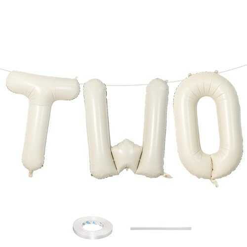 40 Inch Beige Letter Balloon, Cream White Sand Alphabet With Ribbon for 2 Year Old Birthday, Second Anniversary Party Decorations - Neutral Ivory for Kids, Boys, Girls - color: Cream - Two
