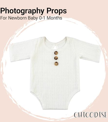 Newborn Photography Props, Infant Photoshoot Outfit Romper & Pom Pom Hat for Baby Boys Girls - color: White