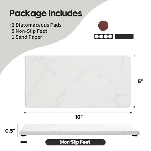 2PCS 10"x 5" Large Bathroom Sink Vanity Trays, Water Absorbing Diatomite Stone Quick Drying Mat for Kitchen Counter, Dish Rack Dispensers Sponge Holder Caddy Organizer, Marble White, 10"x 5" - color: 2 Pack - Marble White, size: 10" x 5"