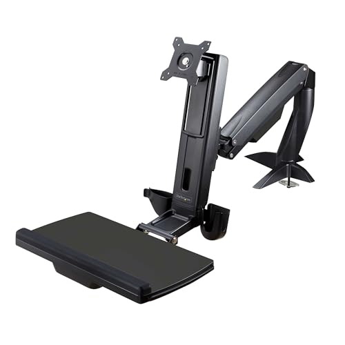 StarTech.com Sit Stand Monitor Arm - Desk Mount Adjustable Sit-Stand Workstation Arm for Single 27" VESA Mount Display - Ergonomic Articulating Standing Desk Converter with Keyboard Tray, TAA - color: Black, style: Desk Mount – Spring Arm