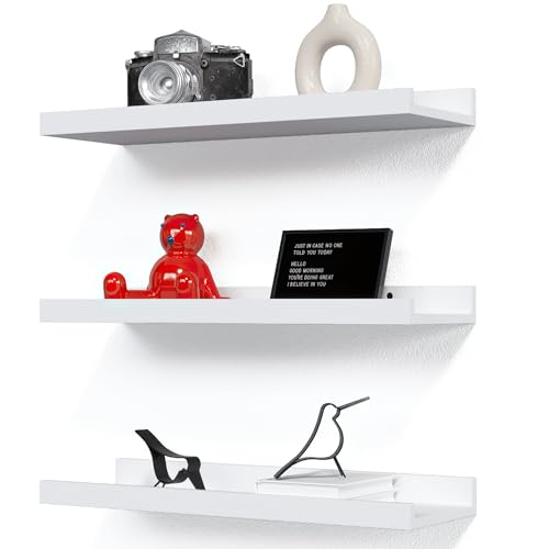 RICHER HOUSE 3 Set White Floating Shelves, 16 inches Wall Mounted White Shelves for Wall Decor, Picture Ledge Shelf with Lip for Storage Nursery, Bedroom, Living Room, Bathroom - White - color: White, size: 3pcs*15.75in