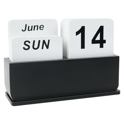 Wooden Block Perpetual Calendar for Desk, Daily Desktop Standing Flip Calendar with Large Display, Modern Farmhouse Aesthetic Desk Accessories for Home Office Decor, Reusable Yearly, Black - color: Black