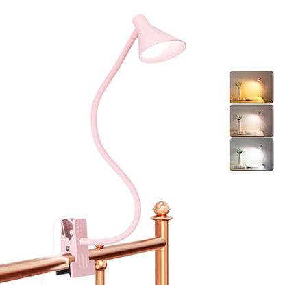 LiFMIRA Pink Small Desk Lamp Clip on LED Reading Light for Bed, 3 Color Modes 10 Dimmable Brightness, Book in Bed Headboard, Flexible Neck Clamp BL08 - color: Pink