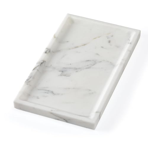Natural Marble Tray for Home Decor Bathroom Kitchen Vanity Dresser Genuine Marble Storage Tray for Cosmetics/Jewelry Non-Resin/Non-Ceramic 9.8"*6" - color: White
