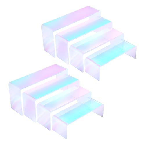 Iridescent Acrylic Display Risers, 8pcs Rainbow Display Stand Rectangular Stands Showcase Transparent Display Shelf for Dessert Cupcake Collectibles Figures Jewelry Perfume Christmas Decor - color: Iridescent-8pcs