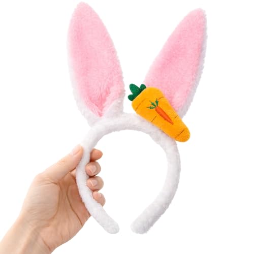 Bunny Ears Headband, 5.1 x 11 in White Fluffy Plush Bunny Ear Headband with Carrot Accent for Cosplay Costumes Easter Bunny Ears Dress Up Photo Props, Soft Rabbit Ears Easter Headbands Adult