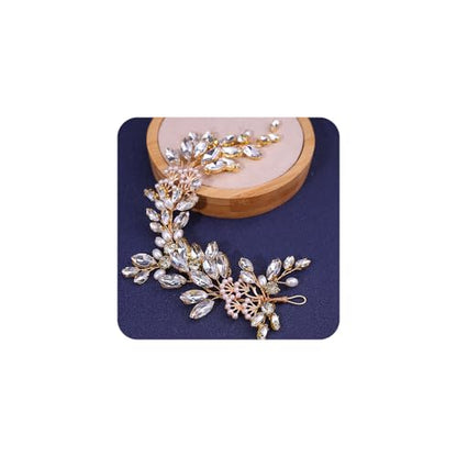 Adjustable Flower Crown Headband for Women - Floral Garland Hair Wreath with Crystal Accents Perfect for Weddings Flower Wands Photo Props (Gold Beaded CZ, Adjustable) - color: Gold Beaded CZ