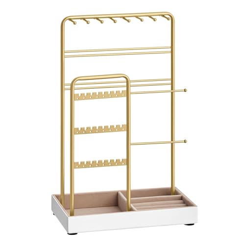 SONGMICS Necklace Holder, Jewelry Stand Holder Organizer, Jewelry Display with Metal Frame, Velvet Tray, Earring Bracelet Holder, for Gift Idea, 4.5 x 7.7 x 12.1 inch, Pale Gold UJJS021A01 - color: Pale Gold, size: 4.5"D x 7.7"W x 12.1"H