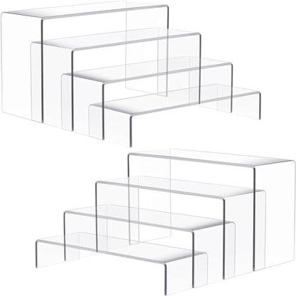 Anglelife Large Acrylic Risers, 8 Pcs 2 Set (7”L~8”L~9”L) Rectangular Stands Shelf Clear for Decor, Clear Display Risers Cake Shelves Retail Shoe Showcase