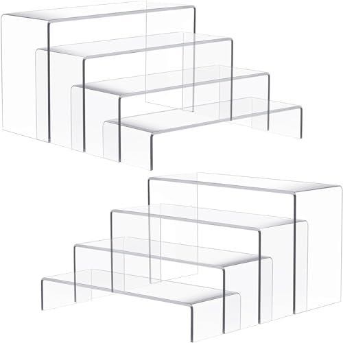 Anglelife Large Acrylic Risers, 8 Pcs 2 Set (7”L~8”L~9”L) Rectangular Stands Shelf Clear for Decor, Clear Display Risers Cake Shelves Retail Shoe Showcase
