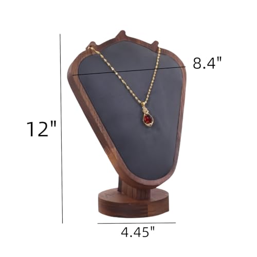 Walnut Color Body Wood Necklace Display Stand with Gray Flannelette Soft Mat Necklace Holder Organizer Desktop Stand for Home Store Dresser-4.45"x8.4"x12" - color: Walnut-Gray, size: 4.45"x8.4"x12"