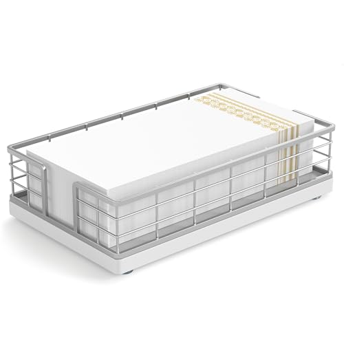 Wican Guest Towel Holder Tray for Bathroom, Oak and Iron Napkins Holder for Powder Room Dinning Table Wooden Basket for Disposable Paper Hand Towels Silvery and White - color: Silver/White, size: 9.06 x 5.51 x 2.56 inchs