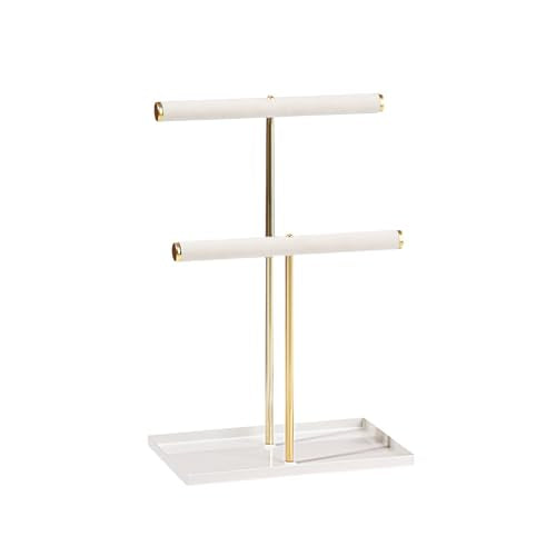 2 Tier Necklace Bracelet Holder Stand, Multi-Use Jewelry Display Organizer with Metal Tray, Velvet T-Bar Metal Necklace Organizer Stand, Jewelry Hanger Tower Rack for Men Women (Gold 12" Tall) - color: Gold