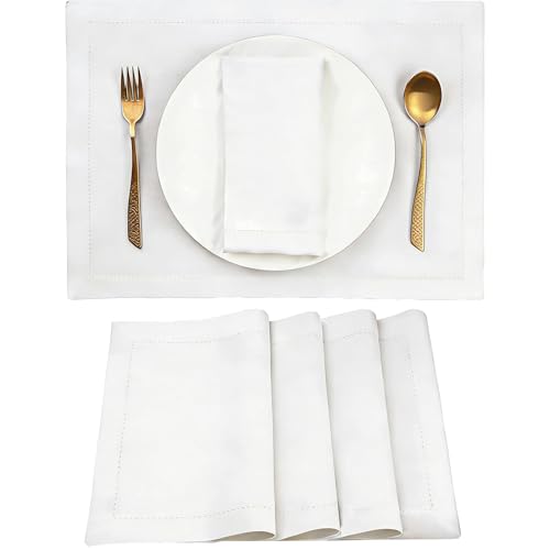 Simple&Opulence Linen Placemats Set of 4 – Hemstitched Dinner Cloth Placemats for Wedding,Party,Mothers Day,Easter – Machine Washable and Reusable 14"×19" White - color: White, size: placemat(14"×19”)
