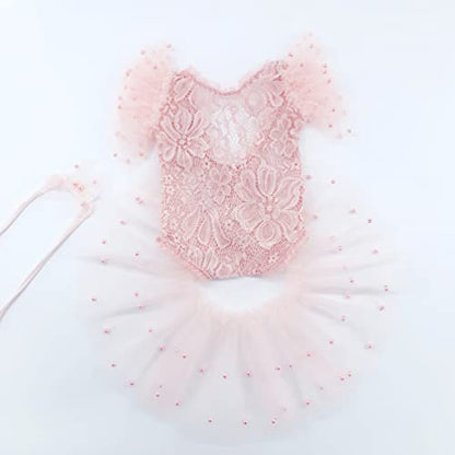 Newborn Photography Props Outfits Princess Baby Girl Pearl Lace Rompers Headdress Infant Baby Girl Photoshoot Costume - color: Pink
