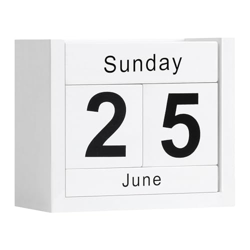 Wooden Block Calendar for Desk, Daily Desktop Perpetual Desk Calendar, Cute Date Display Blocks Desk Accessory for Home Office Decor, Teacher, Classroom, Reusable Yearly, White - color: White