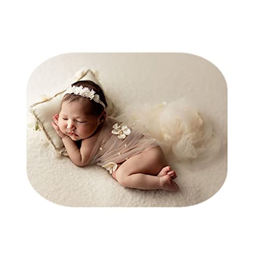 Coberllus Newborn Photography Props Boys Girls Wrap Blanket Baby Photo Shoot Floral Pearl Decorative Mesh Rug Layer Basket Filler (Cream) - color: Cream