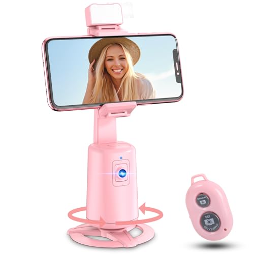 Auto Face Tracking Tripod 360° Rotating Cell Phone Photo and Video Kits Stand, No App, Camera Stand with Remote and Gesture Control, Rechargeable Smart Shooting Stand for Live Recording Tiktok（Pink） - color: Light Pink