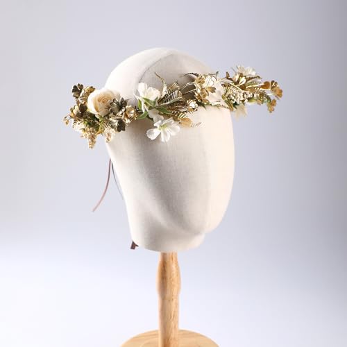 Vintage Rose Flower Crown - Golden Leaves White Classic Flower Headband Fairy Elegant Floral Headpiece for Women Girls Christmas Mucic Festivals Photo Prop - color: Gold