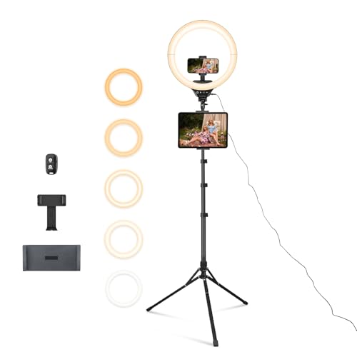 Aureday 14inch iPad Ring Light with Tripod Stand, 62inch Selfie Tripod Light Ring with Phone&Tablet Holder for Recording, 20W LED Circle Light with Wireless Remote for Tiktok, Makeup, Live Streaming - color: BLACK, size: 14in-tablet&phone