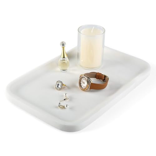 Koville Marble Vanity Tray, 12"x8" Marble Catchall Tray for Countertop Bathroom Kitchen Dresser, Rectangular Decorative Stone Tray for Jewelry Cosmetics Perfume Trinket(White) - color: White