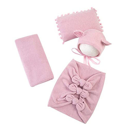 Newborn Baby Boy Girl Photography Props Bow Wrap, Posing Aid, Hat and Blanket Set of 4 Pcs - color: Middle Pink