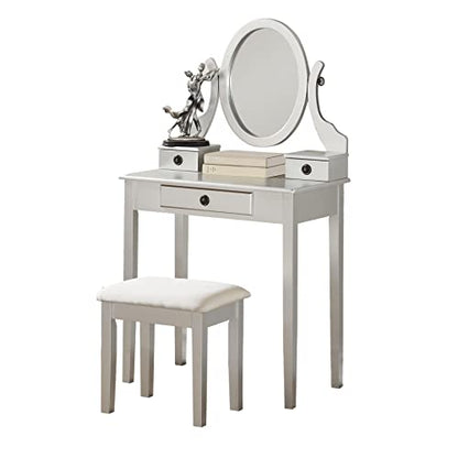 Roundhill Furniture Moniys Wood Moniya Makeup Vanity Table and Stool Set, Silver - color: Silver