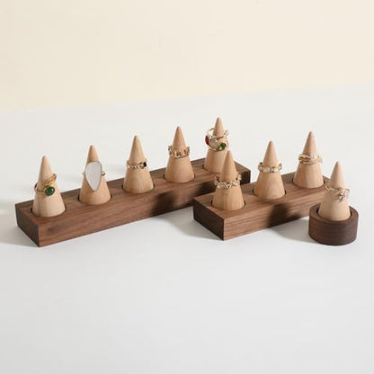 Wooden ring organizer holder for jewelry, Stable ring display stand for boutique store, walnut base with white ring cones for jewelry selling【Ring holder-Cone 5】 - style: Five Cone