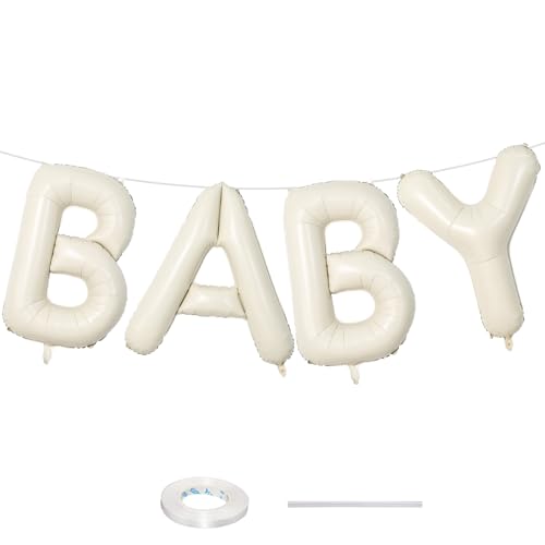 40 Inch Beige BABY Balloon for Baby Shower, Large Cream White Baby Foil Balloons Letters with Ribbon, Neutral Ivory Alphabet Baby Mylar Balloon Banner Sign for Gender Reveal Backdrop Party Decorations - color: Cream - Baby