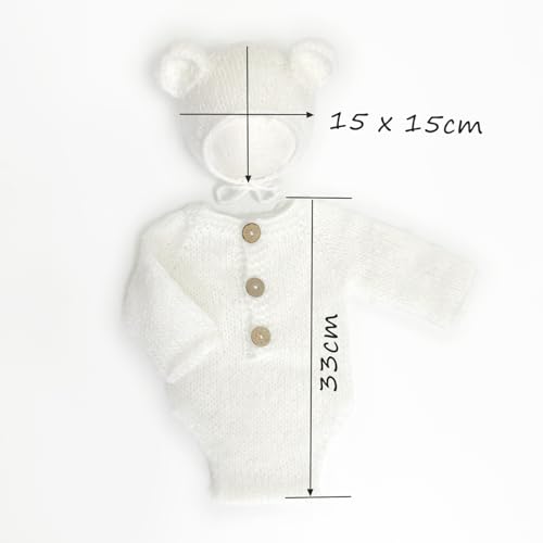 2Pcs Newborn Photography Props Boy Photo Posing Outfits Baby Photoshoots Girl Crochet Bear Hat Romper - color: White-shorts