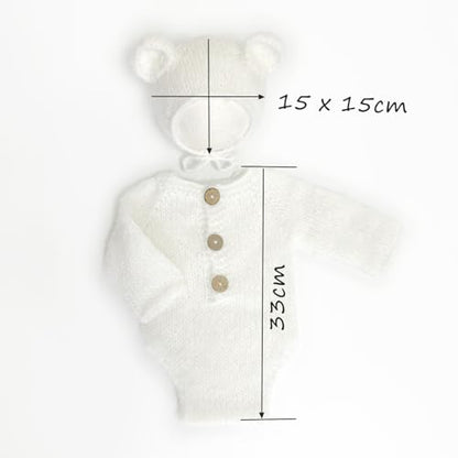 2Pcs Newborn Photography Props Boy Photo Posing Outfits Baby Photoshoots Girl Crochet Bear Hat Romper - color: White-shorts