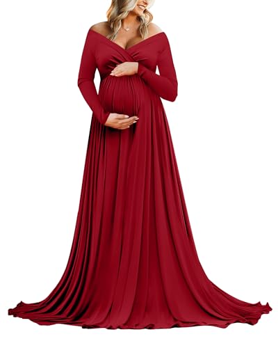 Saslax Maternity Off Shoulders Half Circle Gown for Baby Shower Photo Props Dress - color: 1#-burgundy 162, size: XX-Large