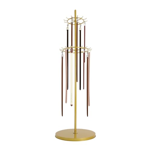 66.1 Inch Tie Rack Belt Display Shelf, 360° Rotation Floor Standing Belt Hanger 2 Tier Retail Scarf Stand Jewelry Necklaces Organizer Shawls Purse Shelf for Clothing Store Home (Gold) - color: Gold
