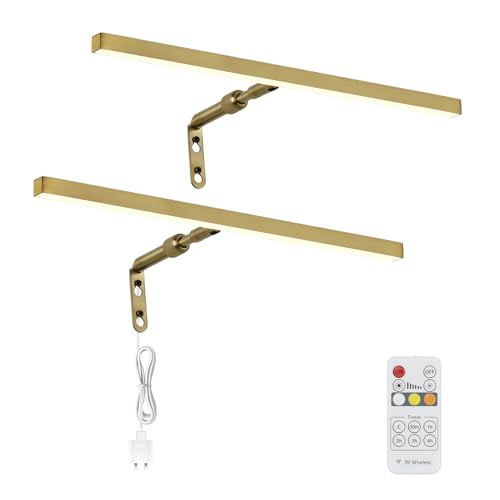 2 Pack Brass Picture Lights for Paintings Plug in, 16" 4W Adjustable LED Gold Picture Light Art Light, Remote Control Gallery Painting Wall Light for Picture Display Dartboard Art Work (Gold) - color: Brass, size: 15.7inch,2 pack