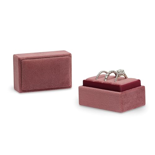 Rectangle 3 Slots Italian Velvet Jewelry Box Engagement Wedding Photo Ring Box Keepsake Box Triple Ring Gift Box (Dusty Rose) - color: Dusty Rose
