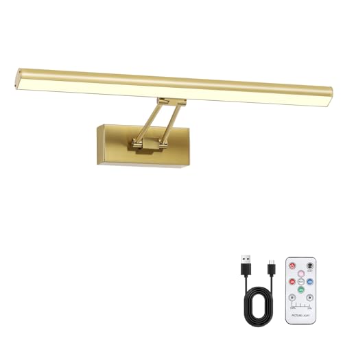 Picture Light, 16inches Battery Operated Art Light,3 Colors Wireless Picture Wall Light with Remote,Rechargeable Picture Light for Painting,Gallery,Artwork,Portrait(Brass Gold) - color: Brass Plating