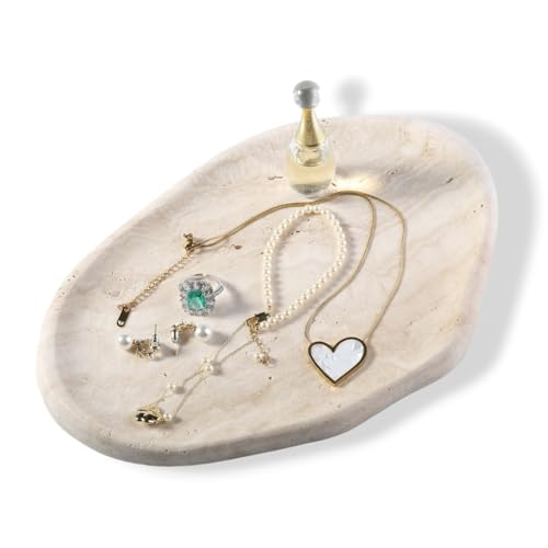 BCS Marble Jewelry Tray Trinket Dish, Decorative Cloud Vanity Key Tray for Women, Perfume Ring Holder Dish for Ring Earring, Cute Jewelry Plate Bowl Aesthetic Room Decor（Beige Travertine） - color: WHITE TRAVERTINE