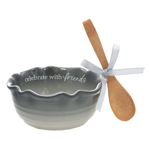 Pavilion Gift Company - Celebrate With Friends - 4.5" Ceramic Bowl With Bamboo Serving Spoon Neutral Ombre Kitchen Serveware Housewarming Gift Hostest Host Bestie BFF Friendship Present