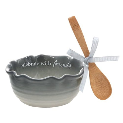 Pavilion Gift Company - Celebrate With Friends - 4.5" Ceramic Bowl With Bamboo Serving Spoon Neutral Ombre Kitchen Serveware Housewarming Gift Hostest Host Bestie BFF Friendship Present