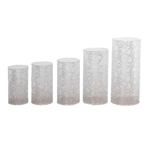 Efavormart Set of 5 Silver Sequin Mesh Cylinder Display Box Stand Covers with Leaf Vine Embroidery, Sparkly Sheer Tulle Pedestal Pillar Prop Covers - color: Silver, size: Sequin Mesh Cylinder Covers - Leaf Pattern