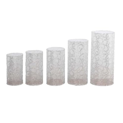 Efavormart Set of 5 Silver Sequin Mesh Cylinder Display Box Stand Covers with Leaf Vine Embroidery, Sparkly Sheer Tulle Pedestal Pillar Prop Covers - color: Silver, size: Sequin Mesh Cylinder Covers - Leaf Pattern