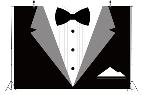 BELECO 10x8ft Fabric Gentleman Tuxedo Backdrop Black and White Bow Tie Suit Background Luxury Birthday Dinner Party Decor Banner Boy Men Father Bridegroom Photoshoot Studio Booth Props - size: 10x8FT