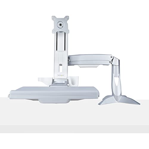 StarTech.com Sit-Stand Monitor Arm with Keyboard Tray - Adjustable Desk Mount Sit-Stand Workstation Arm for Single 27" VESA Display - Ergonomic Articulating Standing Desk Converter, TAA - color: Silver, style: Desk Mount – Spring Arm