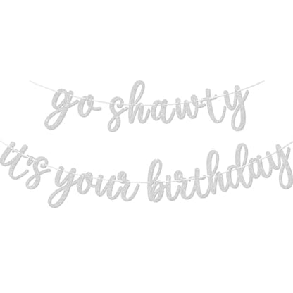 Go Shawty It's Your Birthday Banner, Hip Hop Birthday Party Decorations Supplies, Rap Theme Bday Bunting Sign, Pre-strung, Photo Props (Silver) - color: Silver