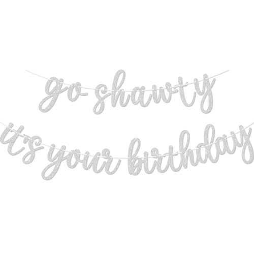 Go Shawty It's Your Birthday Banner, Hip Hop Birthday Party Decorations Supplies, Rap Theme Bday Bunting Sign, Pre-strung, Photo Props (Silver) - color: Silver
