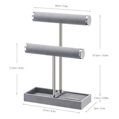 bussdis 2 Tier Bracelet Holder Display - Detachable T Bar Grey Velvet Bracelet Holder, Jewelry Holder Organizer for Bracelet, Necklace, Earrings, Rings - color: Grey